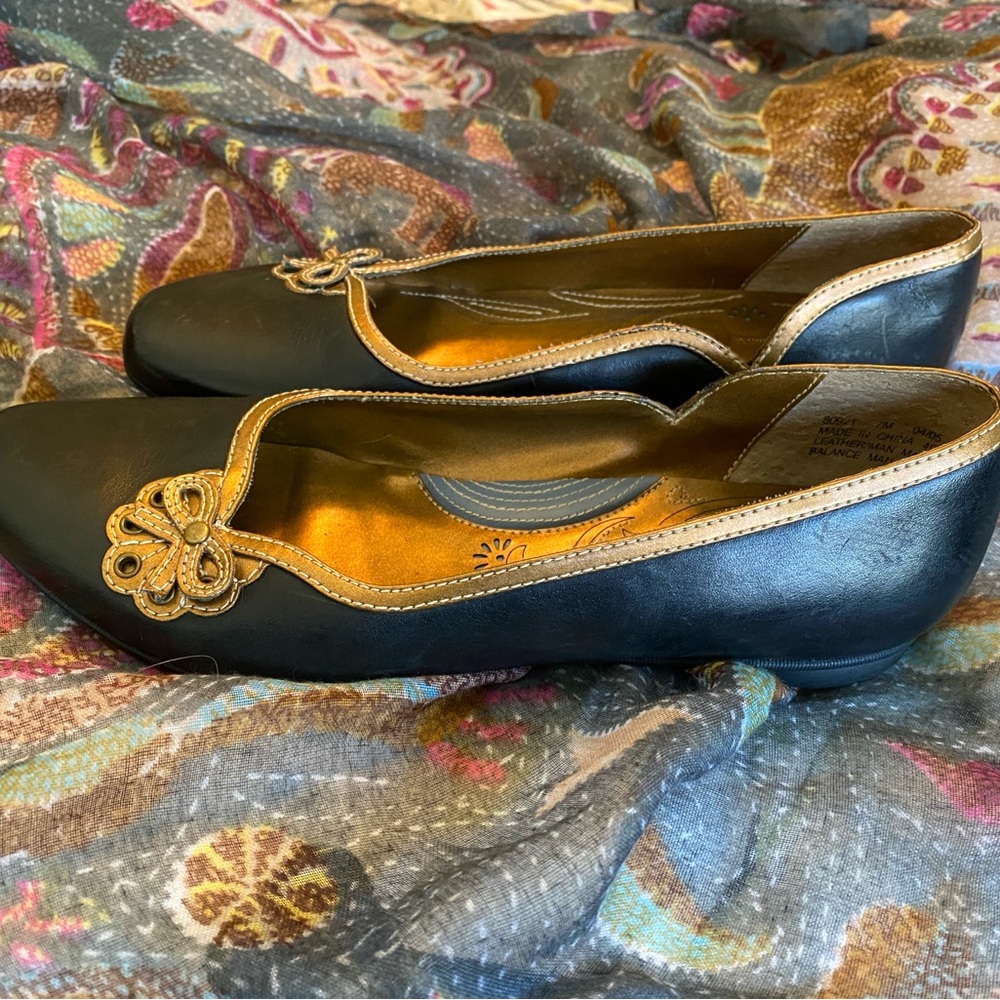 Clarks Black Loafers with Gold Trim